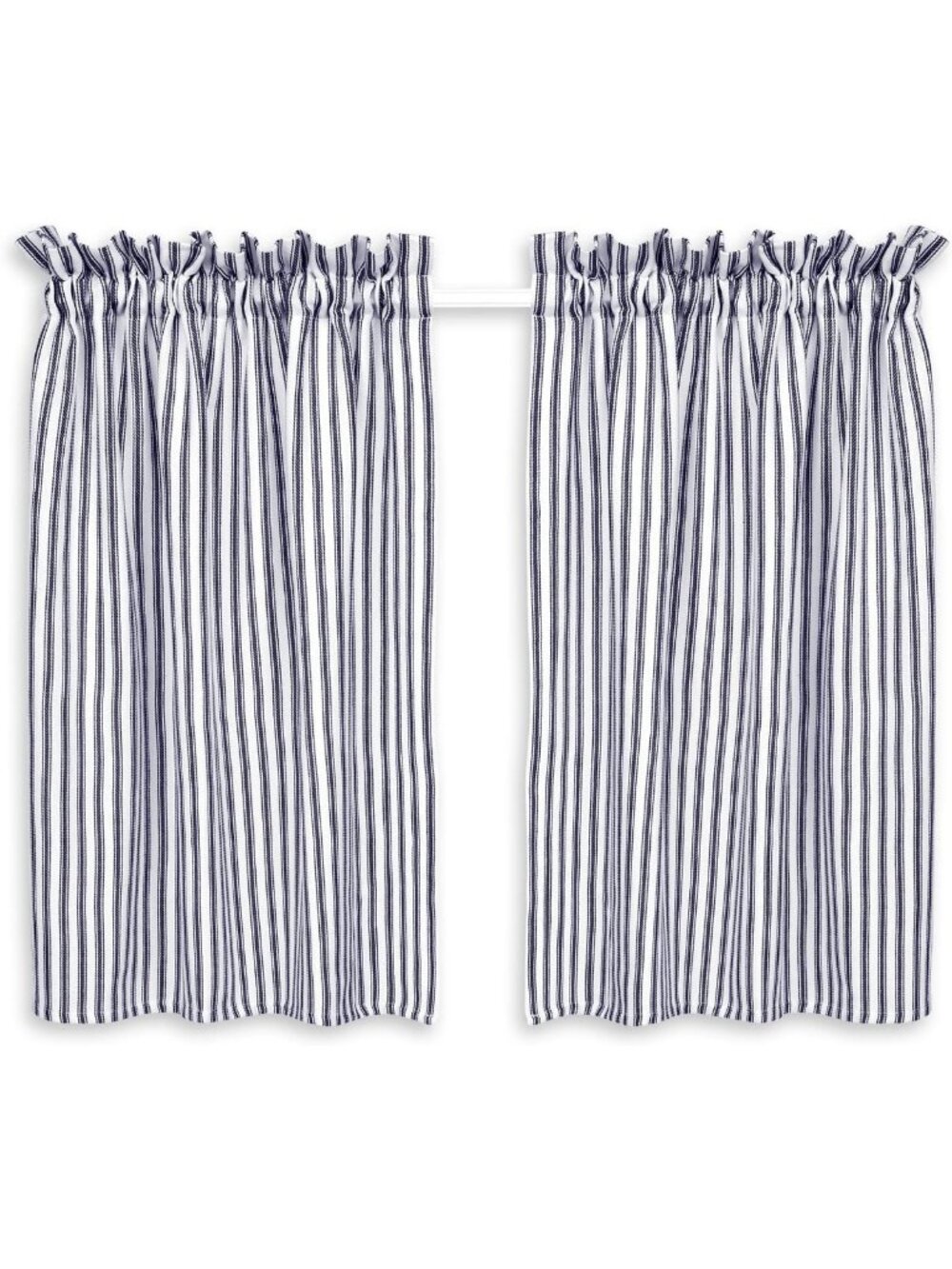Navy Blue & White Ticking Stripe Cafe Curtains, 28"x42", Woven Cotton, Set of 2